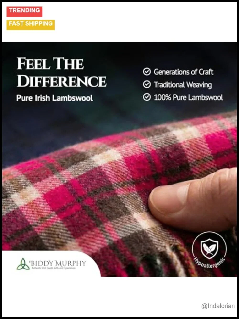 100% Lambswool Irish Tartan Scarf, 9x78, Unisex, Dry Clean